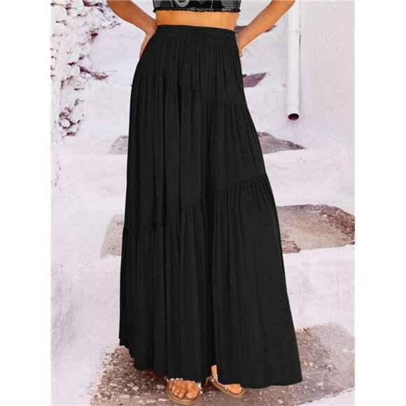 Womens Boho Maxi Skirt High Waist Flowy Tiered Long A Line Skirt with Pockets - Picture 3 of 5